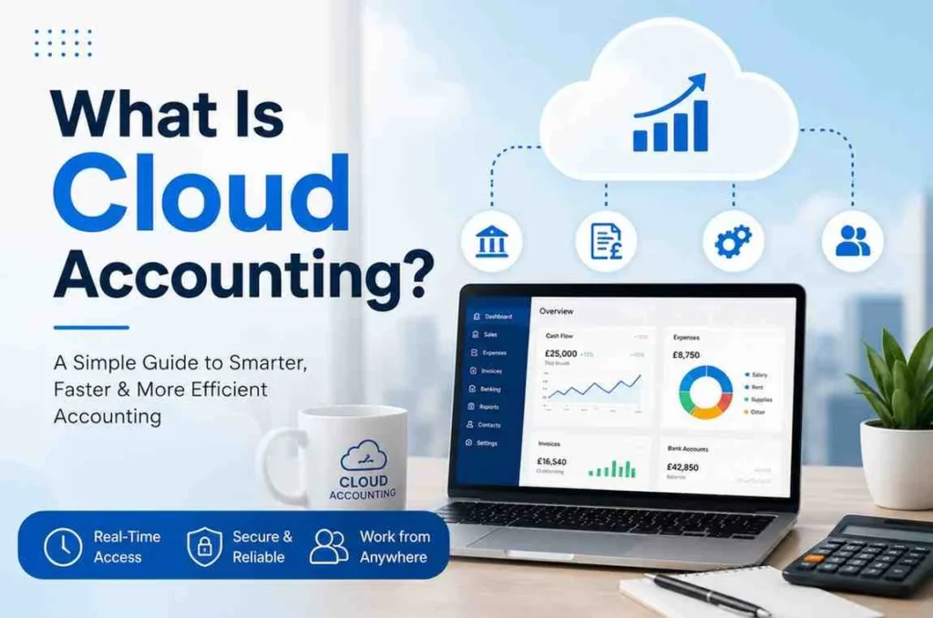 What Is Cloud Accounting for Doctors?Illustration of cloud-based accounting software showing real-time financial reporting, secure online bookkeeping, cloud storage, and business finance management.