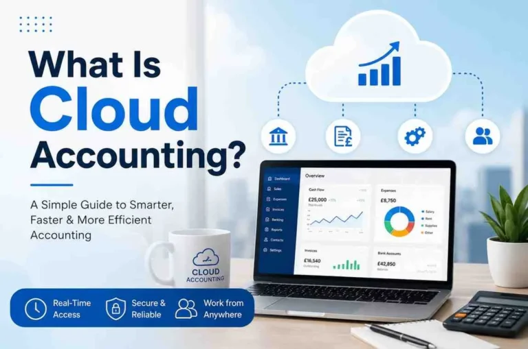 What Is Cloud Accounting for Doctors?Illustration of cloud-based accounting software showing real-time financial reporting, secure online bookkeeping, cloud storage, and business finance management.