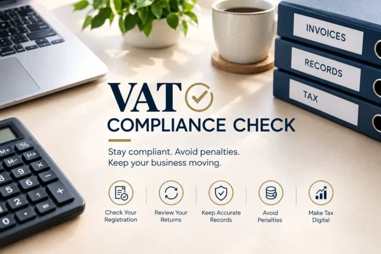 VAT compliance check desk setup with invoices, records and tax binders showing steps to stay VAT compliant